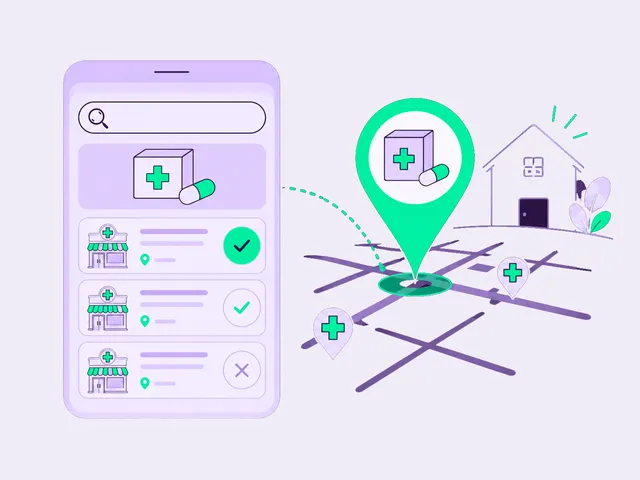 Поиск лекарства на смартфоне и ближайшая аптека, найденная на карте